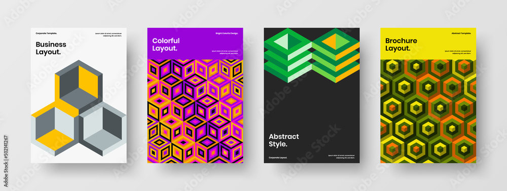 Isolated book cover A4 design vector template set. Vivid mosaic hexagons banner layout bundle. Isolated book cover A4 design vector template set. Vivid mosaic hexagons banner layout bundle.