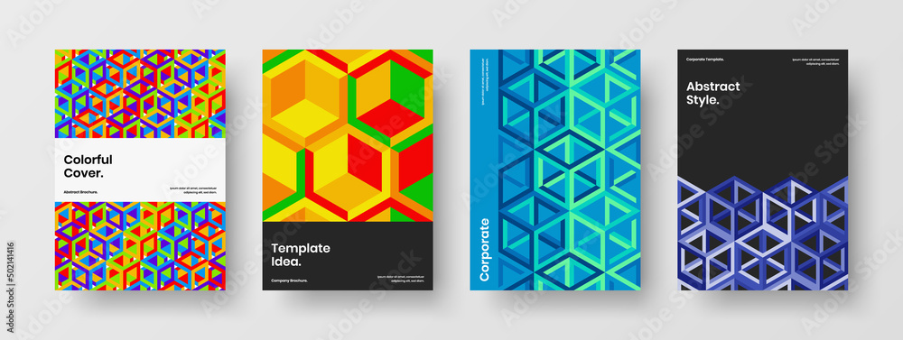 Abstract mosaic shapes pamphlet concept bundle. Multicolored journal cover A4 design vector layout collection.