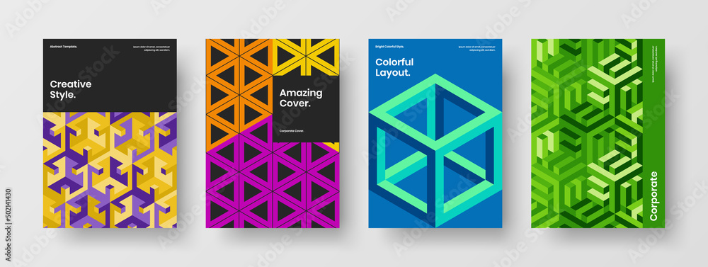 Trendy book cover vector design template bundle. Multicolored mosaic shapes flyer layout collection.