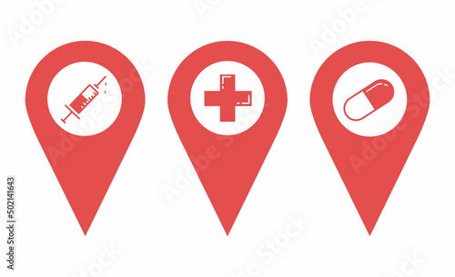 Set pin map marker pointer icon, GPS location flat symbol, arrows – vector. Map pins pointing to the hospital, pharmacy. Design elements for mobile app, banner, poster, pill advertising, pharmacy