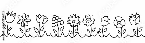 Vector floral seamless horizontal pattern. Black and white elegant background with flowers in doodle style. Good for banner, advertisement, flower shop poster