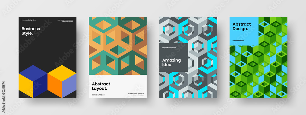 Fototapeta premium Multicolored company identity A4 vector design layout collection. Vivid mosaic shapes cover template composition.
