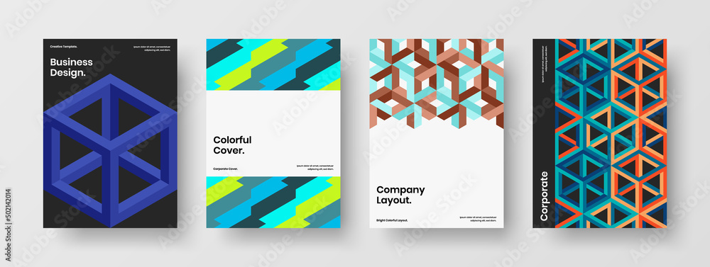 Creative poster design vector template set. Multicolored mosaic hexagons postcard layout bundle.