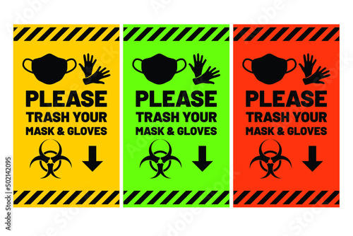 Please trash your Mask for covid-19 restriction with mask picture in difference color  easy to use  for contaminate garbage bioharzard hospital commercial business vector eps.