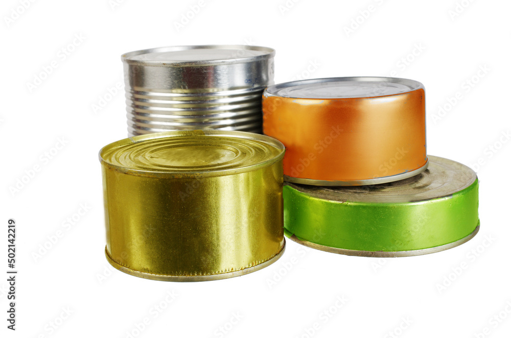 Four cans of canned food.Isolated on white. Four cans of canned food.Isolated on white.