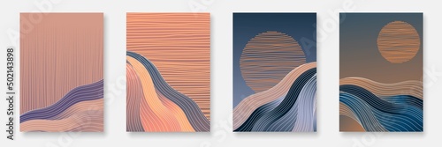 Line Art Drawing of Mountain Landscape Prints Set. Card with Line Art Mountain Composition, Ideal for Wall Art Print, Modern Poster, Minimal Interior Design, Social Media. Vector EPS 10