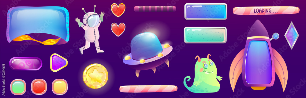 Space assets for ui game interface with alien, Spaceship and flying ...