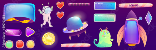 Space assets for ui game interface with alien, Spaceship and flying saucer. Buttons and screen for application. Cartoon vector illustration. Spaceship rocket 2d game art.