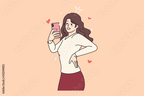 Happy millennial pretty girl male self-portrait picture of cellphone. Smiling young woman blogger or social media influencer take selfie on smartphone camera. Flat vector illustration. 