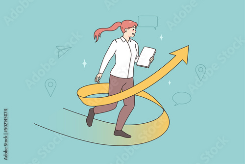 Motivated businesswoman run on arrow strive to business or career goal. Happy female employee or worker motivated for job opportunities. Business development and growth. Vector illustration. 