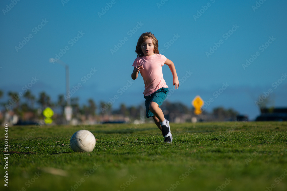 Excited child boy kicking ball in the grass outdoors. Soccer kids, children  play football. Stock Photo | Adobe Stock