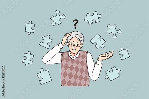 Frustrated old man suffer from dementia loss memory. Confused senior male struggle with Alzheimer disease. Elderly healthcare and medicine concept. Flat vector illustration. 