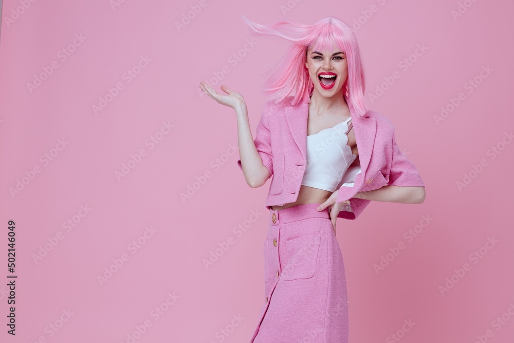 Portrait of a charming lady bright makeup pink hair glamor monochrome shot unaltered Portrait of a charming lady bright makeup pink hair glamor monochrome shot unaltered