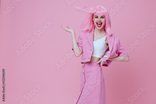 Portrait of a charming lady bright makeup pink hair glamor monochrome shot unaltered