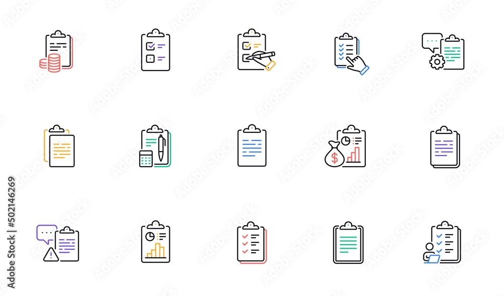 Checklist documents line icons. Agreement info, Clipboard manager, Accounting Report. Medical schedule, Document list and Voting checklist line icons. Data calculation, Contract document. Vector