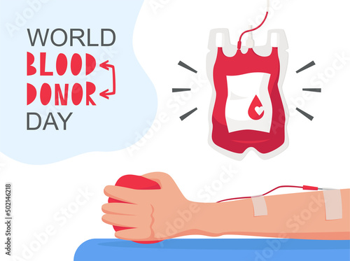 World Blood Donor Day poster. Man donate blood, blood bag and hand vector. Vector illustration for blood donation day 14 June