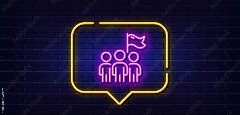 Neon light speech bubble. Leadership line icon. Success flag sign. Teamwork symbol. Neon light background. Leadership glow line. Brick wall banner. Vector Neon light speech bubble. Leadership line icon. Success flag sign. Teamwork symbol. Neon light background. Leadership glow line. Brick wall banner. Vector