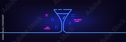 Neon light glow effect. Cocktail glass line icon. Martini drink sign. Hotel service symbol. 3d line neon glow icon. Brick wall banner. Cocktail outline. Vector