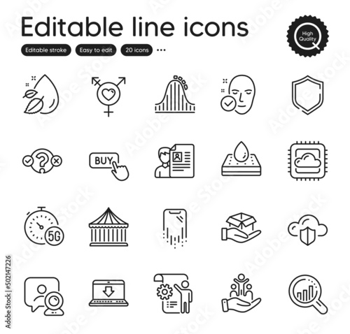 Set of Business outline icons. Contains icons as Inclusion, Smartphone recovery and Settings blueprint elements. Seo analysis, Water drop, Carousels web signs. Buy button, Genders. Vector