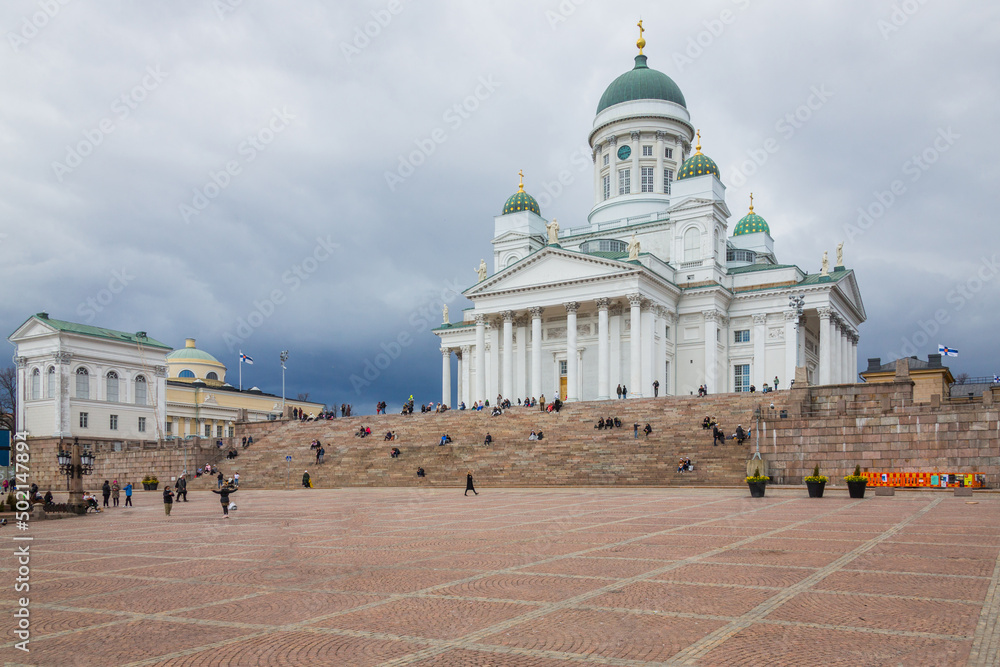 Beautiful Architecture of Helsinki Cathedral in beautiful stormy evening. Helsinki, Finland