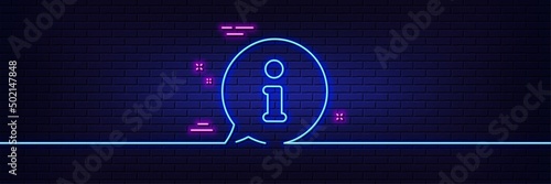 Neon light glow effect. Information line icon. Info speech bubble sign. Help inform symbol. 3d line neon glow icon. Brick wall banner. Info outline. Vector