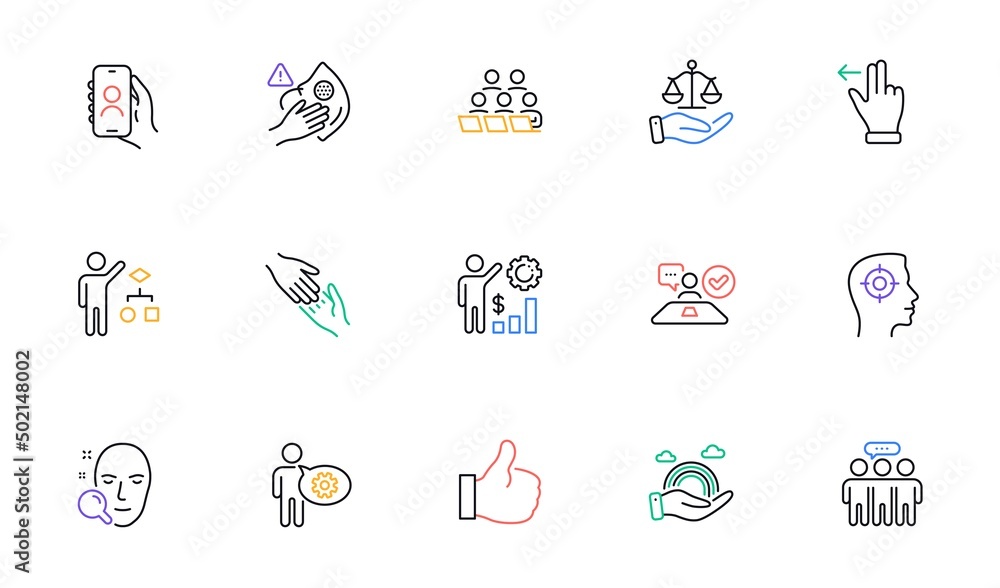 Fototapeta premium Teamwork, Justice scales and User call line icons for website, printing. Collection of Job interview, Face search, Recruitment icons. Cogwheel, Algorithm, Dirty mask web elements. Like. Vector