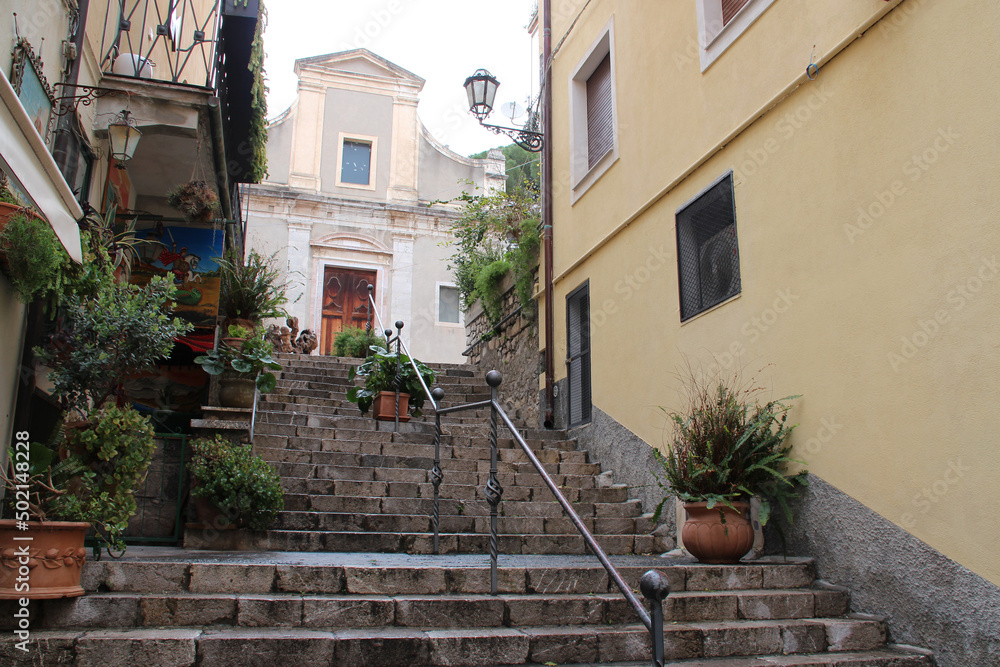 church (carmine) and stairs in taormina in sicily in italy 