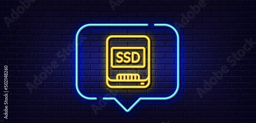 Neon light speech bubble. Ssd line icon. Computer memory component sign. Data storage symbol. Neon light background. Ssd glow line. Brick wall banner. Vector