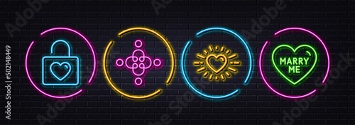 Wedding locker, Inclusion and Heart minimal line icons. Neon laser 3d lights. Marry me icons. For web, application, printing. Valentines day, Equity justice, Love. Wedding. Neon lights buttons. Vector