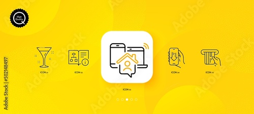 Technical algorithm, Credit card and Cocktail minimal line icons. Yellow abstract background. Work home, Download app icons. For web, application, printing. Project doc, Atm payment, Martini. Vector