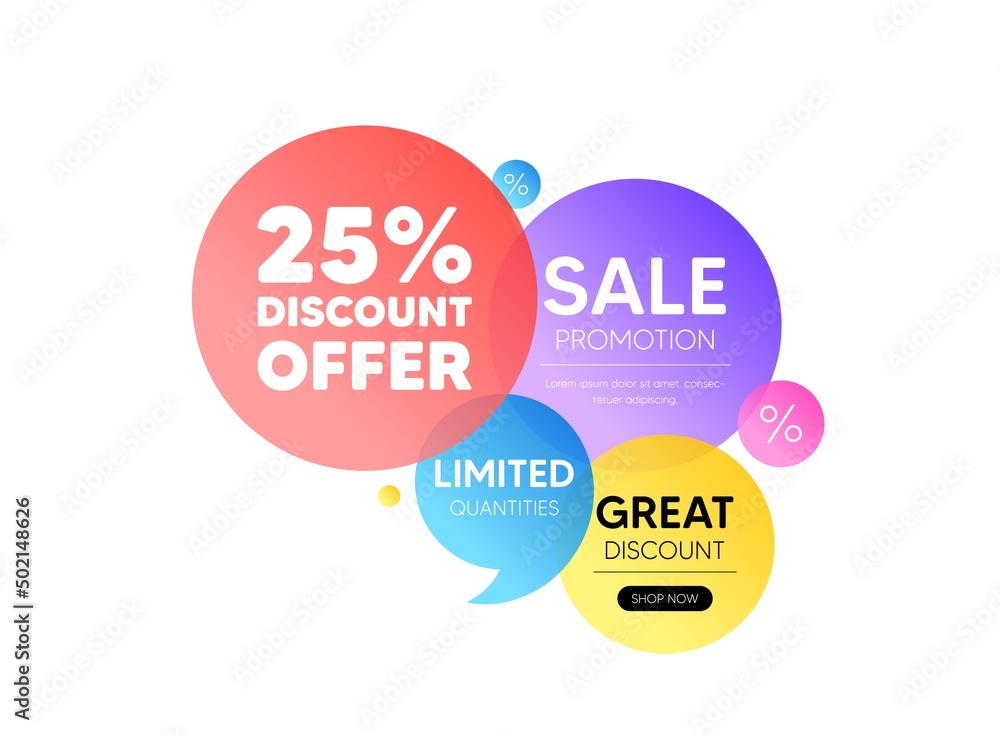 Discount offer bubble banner. 25 percent discount. Sale offer price sign. Special offer symbol. Promo coupon banner. Discount round tag. Quote shape element. Vector Discount offer bubble banner. 25 percent discount. Sale offer price sign. Special offer symbol. Promo coupon banner. Discount round tag. Quote shape element. Vector