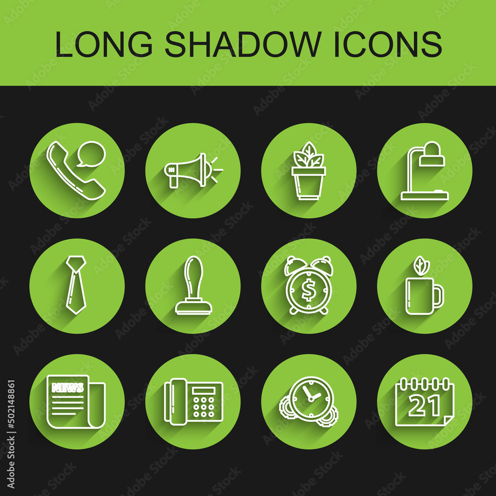 Set line News, Telephone, handset and speech bubble chat, Time Management, Calendar, Stamp, Cup of tea leaf and Alarm clock with dollar symbol icon. Vector Set line News, Telephone, handset and speech bubble chat, Time Management, Calendar, Stamp, Cup of tea leaf and Alarm clock with dollar symbol icon. Vector