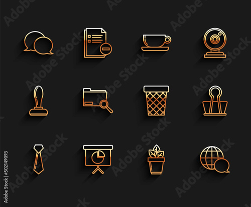 Set line Tie, schedule, chart, diagram, infographic, pie graph, Speech bubble chat, Flowers pot, World map made from speech, Search concept folder, Binder clip and Trash can icon. Vector