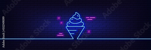 Neon light glow effect. Ice cream line icon. Dessert food sign. Frozen gelato symbol. 3d line neon glow icon. Brick wall banner. Ice cream outline. Vector