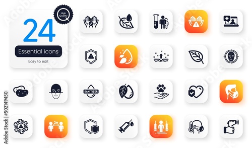 Set of Healthcare flat icons. Sick man, Clean skin and Hand sanitizer elements for web application. Coronavirus, Clean hands, Electronic thermometer icons. Leaf dew, Medical help. Vector