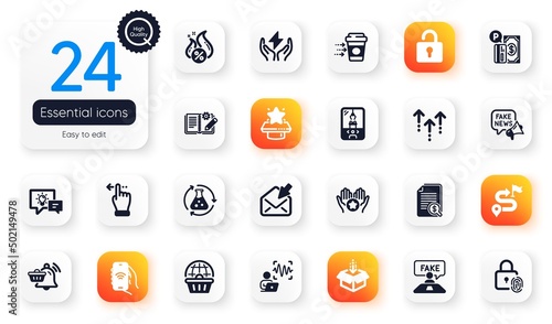 Set of Technology flat icons. Idea lamp, Parking payment and Financial documents elements for web application. Online shopping, Touchscreen gesture, Chemistry experiment icons. Favorite. Vector