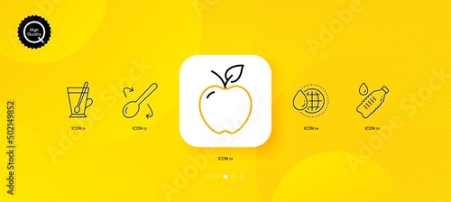 Water bottle, Apple and Tea mug minimal line icons. Yellow abstract background. Cooking spoon, World water icons. For web, application, printing. Still drink, Fresh fruit, Cup with teaspoon. Vector