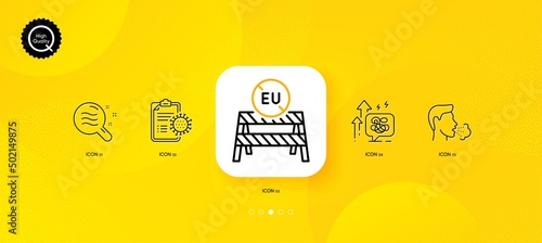 Eu close borders, Skin condition and Coronavirus report minimal line icons. Yellow abstract background. Stress grows, Cough icons. For web, application, printing. Vector