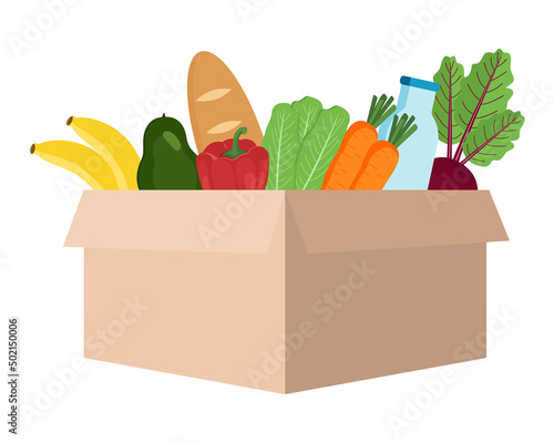 Cardboard box with food. Fruits and vegetables, bread and milk. Concept of charity and social assistance. Vector illustration