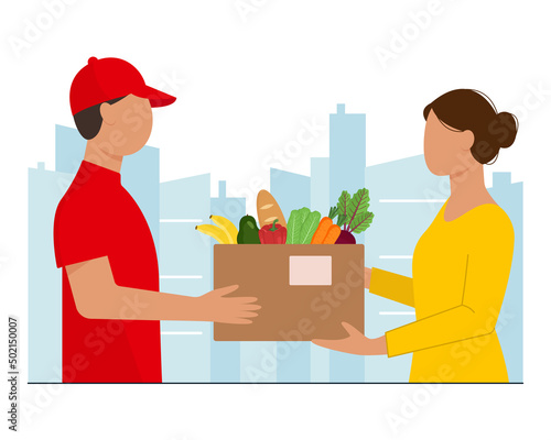 Courier gives the ordered products to the woman. Online delivery service. Charity and social assistance, volunteering. Vector illustration