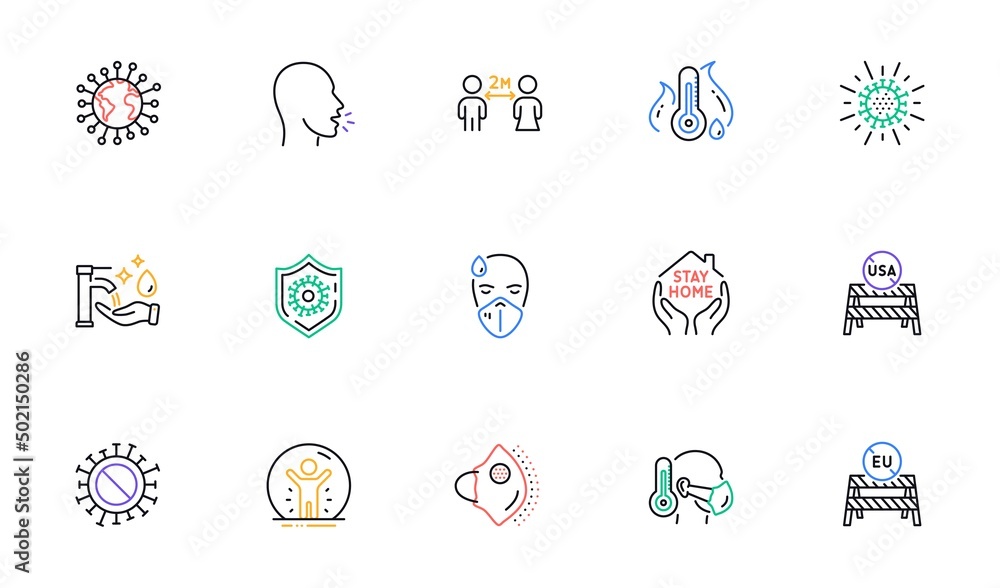 Coronavirus line icons set. Covid-19 virus pandemic. Medical protective mask, washing hands hygiene, eu shut borders. Stay home, safe distance, coronavirus epidemic mask icons. Vector Coronavirus line icons set. Covid-19 virus pandemic. Medical protective mask, washing hands hygiene, eu shut borders. Stay home, safe distance, coronavirus epidemic mask icons. Vector