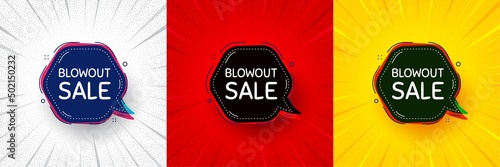 Blowout sale bubble banner. Flash offer banner, coupon or poster. Discount chat sticker. Reduction offer icon. Blowout sale promo banner. Retail marketing flyer. Starburst pop art. Vector