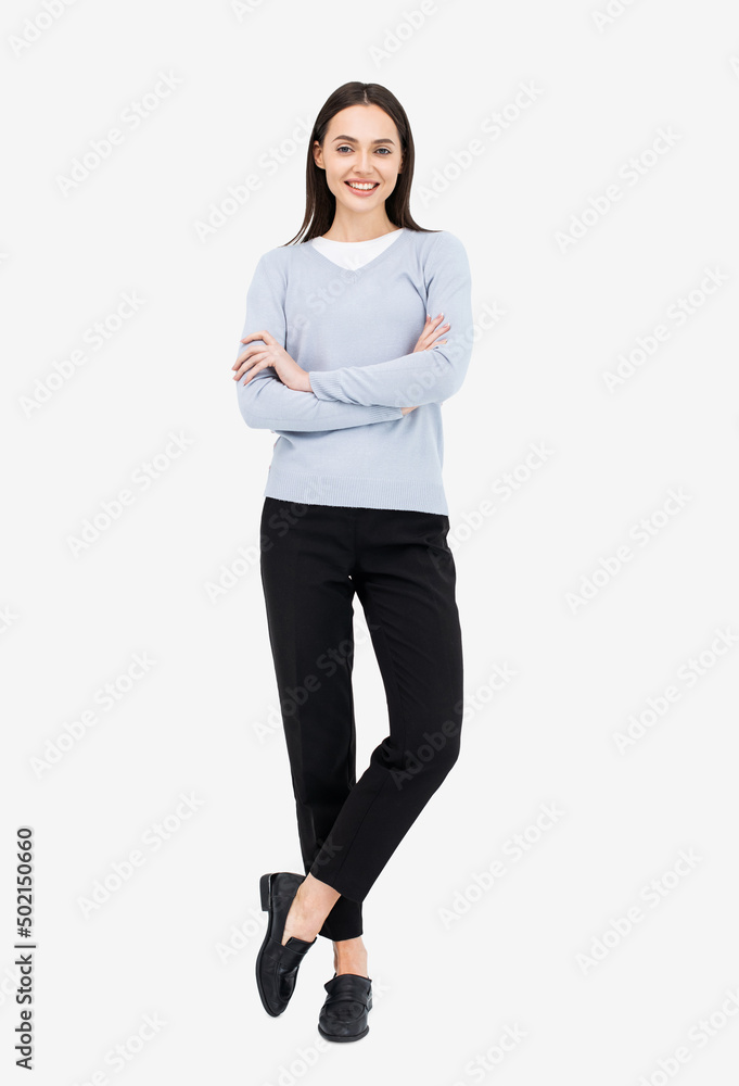 Full length studio portrait of beautiful smiling young woman isolated on white background, Happy smiling student girl standing indoor Full length studio portrait of beautiful smiling young woman isolated on white background, Happy smiling student girl standing indoor