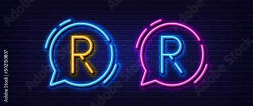 Initial letter R icon. Neon light line effect. Line typography character sign. Large first font letter. Glowing neon light speech bubble. Letter R glow 3d line. Brick wall banner. Vector