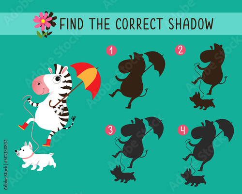Find correct shadow. Game for children. Activity  vector illustration. Zebra city with dog. 