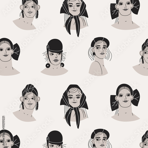 Pattern with portraits of different ladies in hats. Trendy pattern for printing on fabric, packaging and various surfaces. Vector design concept for cosmetics, jewelry and accessories. 