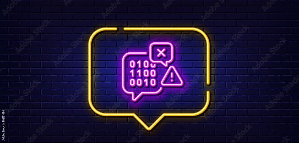 Neon light speech bubble. Binary code line icon. Ransomware threat sign. Cyber attack symbol. Neon light background. Binary code glow line. Brick wall banner. Vector