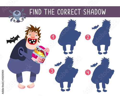 Find correct shadow. Game for children. Activity, vector illustration. Fairy funny giant with chest of gold.