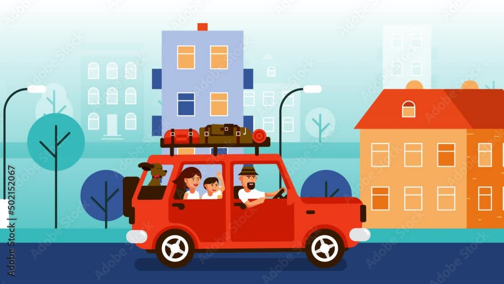 Family travel by car through the city. Looped animation. Family travel by car through the city. Looped animation.