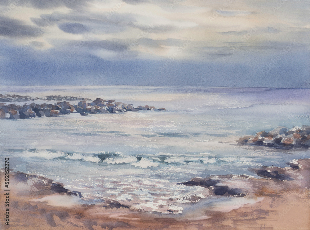 Sea coast with stones and rocks watercolor background